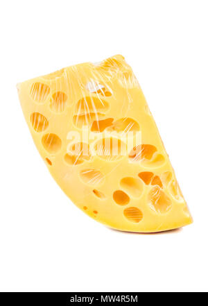 Cheese with holes in vacuum pack on white background Stock Photo