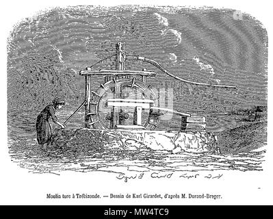 . English: Engraving of Turkish mills at Trebizond (Trabzon, Turkey). 10 August 2014, 17:20:04. Karl Girardet after M. Durand-Brager 617 Turkish Mills at Trebizond Stock Photo