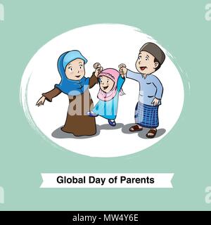 Global Day of Parents with Muslim Family, for greeting card, poster, website banner. - Vector Illustration Stock Vector