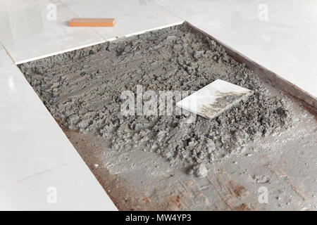 Placing ceramic floor tile in position over adhesive Stock Photo