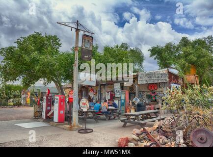 Hackberry, Arizona, Usa - July 24, 2017: The famous historic route 66 highway with the old general store is visited by people from all of the world. Stock Photo