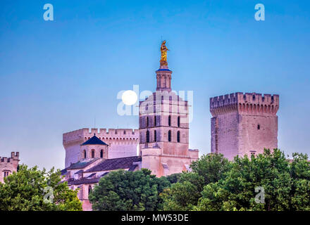 France, Provence region, Avignon city, the Popes Palace skyline with the moon, W.H., Stock Photo