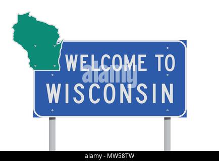 Vector illustration of the Welcome to Wisconsin blue road sign with green map Stock Vector