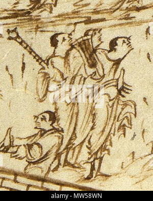 . English: Clipping from Utrecht Psalter, showing a man holding a cythara (left), with a cithara or lyre . The depictions of the cytharas in the Utrecht Psalter have been used as evidence in the 1911 Encyclopedia Britannica that the guitar was developed from modifying the cithara-lyre. 1 January 850. Unknown 623 Utrechts-Psalter PSALM-145-PSALM-146 cythara and lyre Stock Photo