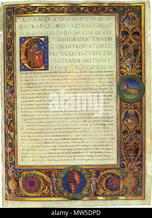 . English: George of Trebizond, Rhetoric, in a 15th century manuscript. Humanistic semi-cursive script with gothic elements. Budapest, Széchényi National Library, Cod. Lat. 281, fol. 1r. Deutsch: Georgios Trapezuntios, Rhetorik. Humanistische Halbkursive mit gotischen Elementen. 15. Jahrhundert. Budapest, Széchényi-Nationalbibliothek, Cod. Lat. 281, fol. 1r. 15th century. George of Trebizond 239 George of Trebizond, Rhetoric Stock Photo