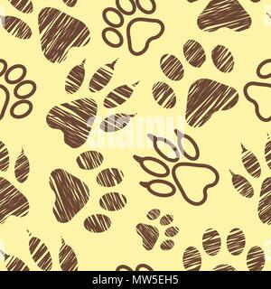 Seamless pattern with animal footprints, pet paws stamps on white background, hatched animal steps, trials and traces, vector illustration Stock Vector