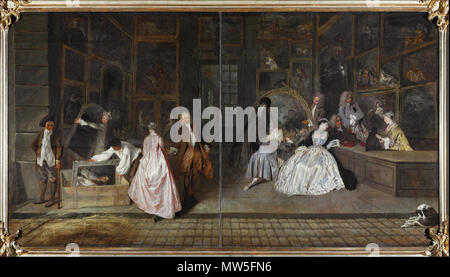 . English: Oil on canvas 163 cm × 308 cm (64 in × 121 in) . January 1720. Jean-Antoine Watteau 352 L'Enseigne de Gersaint Stock Photo