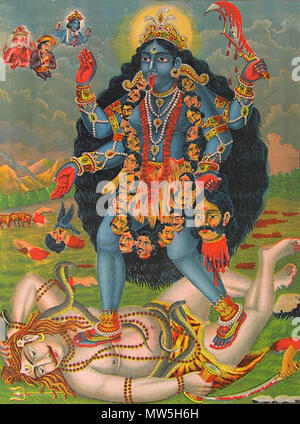 . English: 'Album of popular prints mounted on cloth pages. Colour lithograph, lettered, inscribed and numbered 27. Kali, draped with a necklace of skulls, stands on Shiva. The surrounding landscape is littered with body parts. The figures of Brahma, Vishnu and another are seen observing the scene from within the clouds. See 2003,1022,0.53 for a depiction of Tara standing on Shiva from the same series.' . circa 1895. unknown company in calcutta 332 Kali lithograph Stock Photo