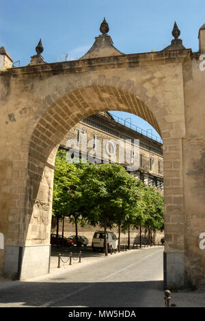 A public road runs under the main arch of the González Byass bodegas, (Cellar) where the Two Pepe is produced in Jerez de la Frontera in Andalucia, so Stock Photo