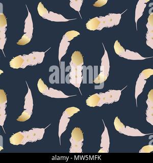 Blush pink feathers with gold endings seamless pattern. Stock Vector