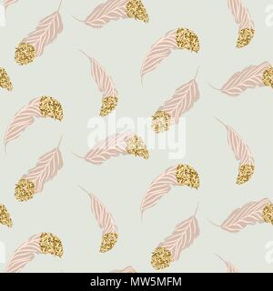 Blush pink feathers with glitter accents seamless pattern. Stock Vector