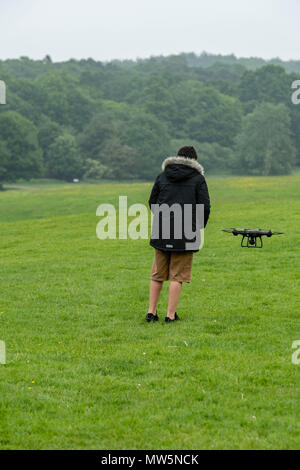 Biracial boy flies drone at Weald Country Park  Model release held Stock Photo