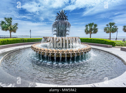 Pineapple water fountain on water front park in Charleston Stock Photo