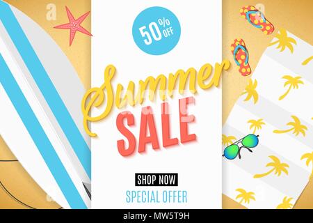 Cover for the Summer Sale. Surfboard on the beach, sunglasses, towel and flip flops. Set of summer things and accessories for outdoor recreation. Big  Stock Vector