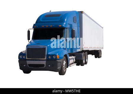 A blue semi truck with a white trailer attached. Isolated on a white background. Clipping path included. Stock Photo