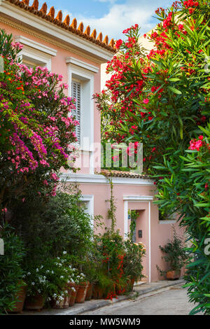 Street with a lot of flowers in Plaka neighbourhood of Athens, Greece. Stock Photo