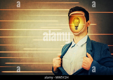 Anonymous businessman with a hole instead face and a light bulb inside head. Fantasy futuristic background human transform into robots. Technology dev Stock Photo