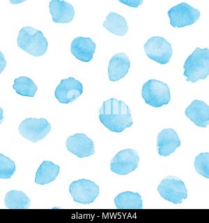 Hand painted soft blue watercolor dots and blots repeat pattern on the white background. Vector pastel textures  for your design. Stock Vector