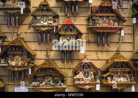 Large number of cuckoo clocks at Eble clock park, Triberg village, Black Forest, Baden-Wuerttemberg, Germany, Europe Stock Photo