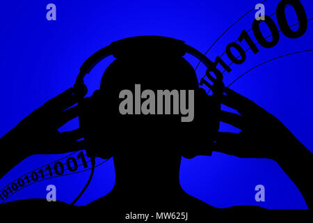 Silhouette of man with headphones on blue background, binary code floating in the background Stock Photo