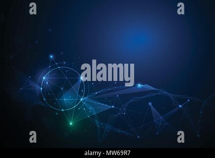 Illustration Abstract Molecules and 3D Mesh with Circles, Lines, Geometric, Polygonal, Triangle pattern. Vector design communication technology on blu Stock Vector