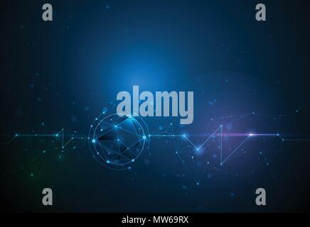 Illustration Abstract Molecules with Circles, Lines, Geometric, Polygon, Triangle pattern. Vector design network communication technology on dark blue Stock Vector