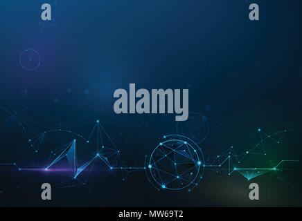Illustration Abstract Molecules with Circles, Lines, Geometric, Polygon, Triangle pattern. Vector design network communication technology on dark blue Stock Vector