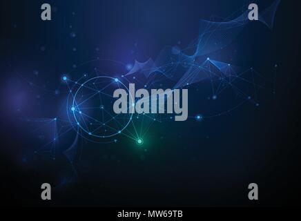 Illustration Abstract Molecules and 3D Mesh with Circles, Lines, Geometric, Polygonal, Triangle pattern. Vector design communication technology on blu Stock Vector