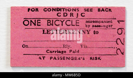 Vintage CDRJC Railway Train Ticket One Bicycle Letterkenny Stock Photo