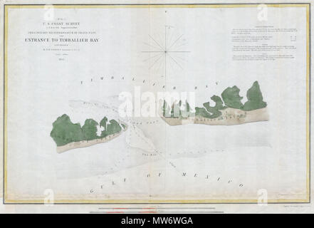 . (H No. 5) Preliminary Reconnaissance of the Grand Pass the Entrance to Timballier Bay, Louisiana.  English: A rare hand colored 1853 costal chart of the Entrance to Timbalier Bay, Louisiana. Features East and West Timballier Island, depth soundings, and sailing notes. Published under the supervision of A. D. Bache for the 1853 Report of the Superintendant of the U.S. Coast Survey. . 1853  8 1853 U.S.C.S. Map of Timbalier Bay, Louisiana - Geographicus - TimballierBay-uscs-1853 Stock Photo