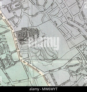 . Plan de Paris Illustre 1864.  English: An extremely attractive map of Paris, France issued in 1864 by the Garnier Freres. Covers the old walled city of Paris and the immediate vicinity. Important buildings are shown in profile. All major streets are identified. Color coded according to arrondissements. The four corners are occupied by a street index. The Coat of Arms of Paris appears in the upper right and left quadrants. . 1864 (dated)  9 1864 Garnier Map of Pairs, France w-Monuments - Geographicus - Paris-garnier-1864 (cropped) Stock Photo