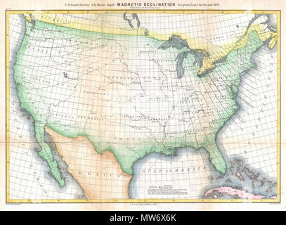 . Magnetic Declination Isogonic Lines for the year 1870 (Variations of ...