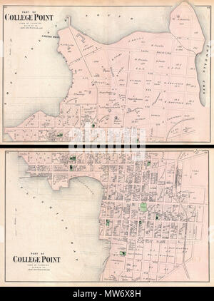 . Part of College Point, Town of Flushing, Queens Co. - Part of College Point, Town of Flushing, Queens Co.  English: A scarce example of Fredrick W. Beers’ two map set of College Point, Queens, New York. Published in 1873. Bottom sheet covers roughly from what was then 9th Avenue northward as far as what was then 2nd avenue. Top sheet continues from 2nd avenue to College Point and the Long Island Sound. Bounded on the east by Flushing Bay and on the west by Powells Cove. Proposed landfills in the Long Island Sound and Flushing bay ghosted in. Detailed to the level of individual buildings and  Stock Photo