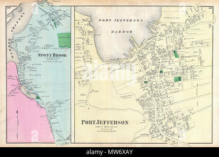 . Port Jefferson, Town of Brookhaven, Suffolk Co. - Stony Brook, Town of Brookhaven, Suffolk, Co.  English: A scarce example of Fredrick W. Beers’ map of Port Jefferson and Stony Brook, Long Island, New York. Published in 1873. Two maps one sheet. Left hand maps depicts the town of Stony Brook from the Harbor Channel to the Oak Hill Cemetery. This area is the home to Stony Brook College. Left hadn side of the map depicts the town of Port Jefferson. Detailed to the level of individual buildings and properties with land holders noted. This is probably the finest atlas map of Stony Brook and Port Stock Photo