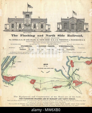 . The Flushing and North Side Railroad, with its leased branches.  English: A scarce example of Fredrick W. Beers’ map of the Flushing and North Side Railroads, Queens, Long Island, New York. Published in 1873. Covers from Long Island City, Queens eastward as far as Whitestone, College Point and Flushing. Details the course of the railroad with notes on major stops. Engravings of the Depot at Hinsdale and the National Rifle Range on top of map. Advertisement at the bottom of the map refers to the luxury and elegance of the trains and their design. Prepared by Beers, Comstock & Cline out of the Stock Photo