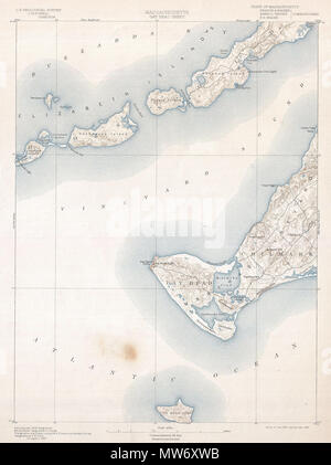 . Massachusetts Gay Head Sheet.  English: One of the most sought after topographical maps produced by the U.S. Geological Survey. The 1898 edition of the U.S.G.S. Survey Map of Gay Head, Marthas Vineyard covers the Western part of the island including Gay Head and Chilmark. Also covers parts of Buzzard Bay and the Elizabeth Islands of Cuttyhunk, Nashawena, Pasque, and Naushon. Identifies topographical features such as Squibnocket Beach, Prospect Hill, the Nashaquitsa Cliffs, Stone Wall Beach, Peaked Hill, the Tiasquam River, and others. Notes the various roads traversing the region. Names the  Stock Photo