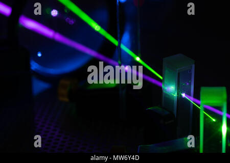 green and blue laser on optical table in physics laboratory Stock Photo