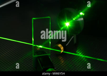 Green laser on optical table in a quantum optics laboratory Stock Photo