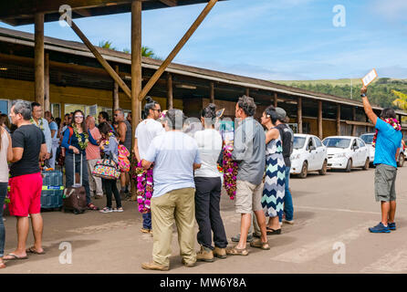 Arrivals at Mataveri International airport, Easter Island, Chile, with tourists being greeted by tour operators welcoming them with lei garlands Stock Photo