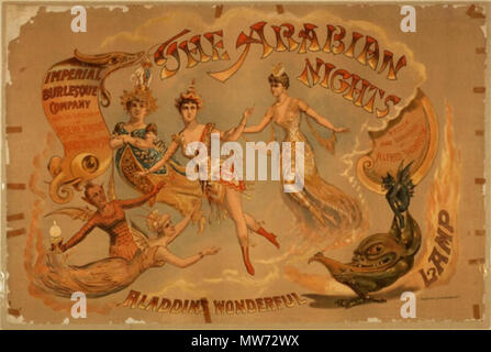 . English: TITLE:The Arabian nights Aladdins wonderful lamp. CALL NUMBER:POS - TH - BUR .I66, no. 5 (C size) <P&P>[P&P] REPRODUCTION NUMBER:          No known restrictions on publication. MEDIUM:1 print (poster) : lithograph, color ; 69 x 104 cm. CREATED/PUBLISHED:Buffalo, N.Y. : Courier Lith. Co., [1888] CREATOR: Courier Litho. Co. RELATED NAMES: Brooks, Joseph, d. 1916. Thompson, Alfred, 1831-1895. Imperial Burlesque Co. NOTES: Created by The Courier Lith. Co., Buffalo, N.Y. 'Imperial Burlesque Company under the direction of Joseph Brooks and Alfred Thompson; written and designed by Alfred T Stock Photo