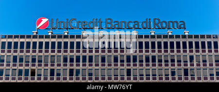 Unicredit Banca di Roma, Bank headquarters. Italian CBD central business district. Eur, Rome, Europe, European Union, EU. Copy space, clear blue sky. Stock Photo