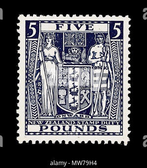 . English: In 1929, the New Zealand Post Office commissioned the Englishman H. L. Richardson, an artist and teacher at the Wellington Technical College, to design a series of fiscal revenue stamps, or duty stamps. The design employed the New Zealand coat of arms in a variety of colours depending on the value of the stamp. Richardson erroneously had the lion in the crest of the arms hold aloft a New Zealand flag instead of the Union Jack that he was supposed to carry. Richardson’s stamps were withdrawn from use in 1967 when New Zealand’s currency was decimalised. 1929. H. L. Richardson 13 1929  Stock Photo