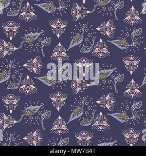 Fusion of ethnic and foliage purple seamless vector pattern. Stock Vector