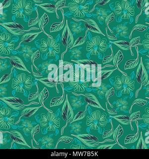 Eclectic flowers and leaves green sketched seamless vector pattern. Stock Vector