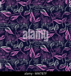 Abstract sketch drawn florals purple seamless vector pattern. Stock Vector