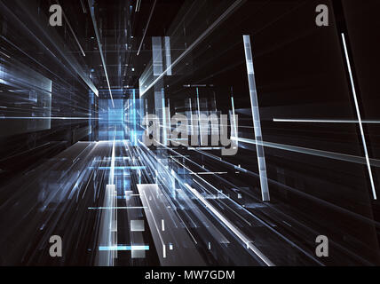 Abstract future technology background - computer-generated 3D image. Fractal art: glass room or street of surreal city with light effects. Hi-tech or  Stock Photo