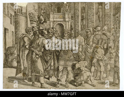 . English: Print by Antonio Fantuzzi, British Museum The unity of the State: Roman ruler in richly decorated armour, with pomegranate in his hand, standing surrounded by people, in classical architectural setting. c.1543 Etching after Rosso Fiorentino . 1540s. Antonio Fantuzzi (active 1540s) 49 Ant fant5 Stock Photo