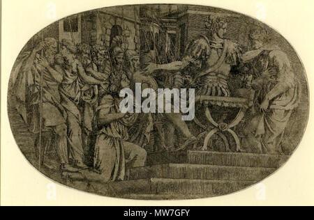 . English: Print by Antonio Fantuzzi, British Museum, The Continence of Scipio: Scipio, in Roman armour, giving the woman back to her husband kneeling on the left; within oval. 1543 Etching by: Antonio Fantuzzi After: Giulio Romano . 1540s. Antonio Fantuzzi (active 1540s) 49 Ant fantuzzi2 Stock Photo