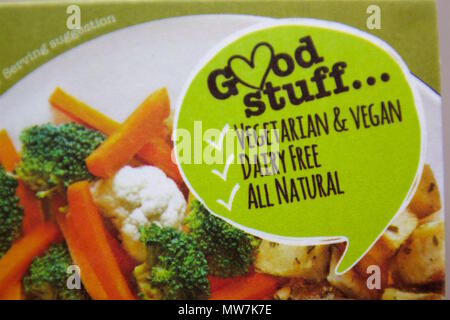 Good stuff label on food packaging: Vegetarian & Vegan, Dairy Free, All Natural Stock Photo