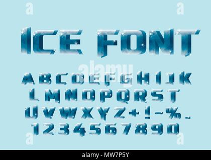Ice font. Ice letters and numerical.. Frozen water in the shape of the alphabet Stock Vector